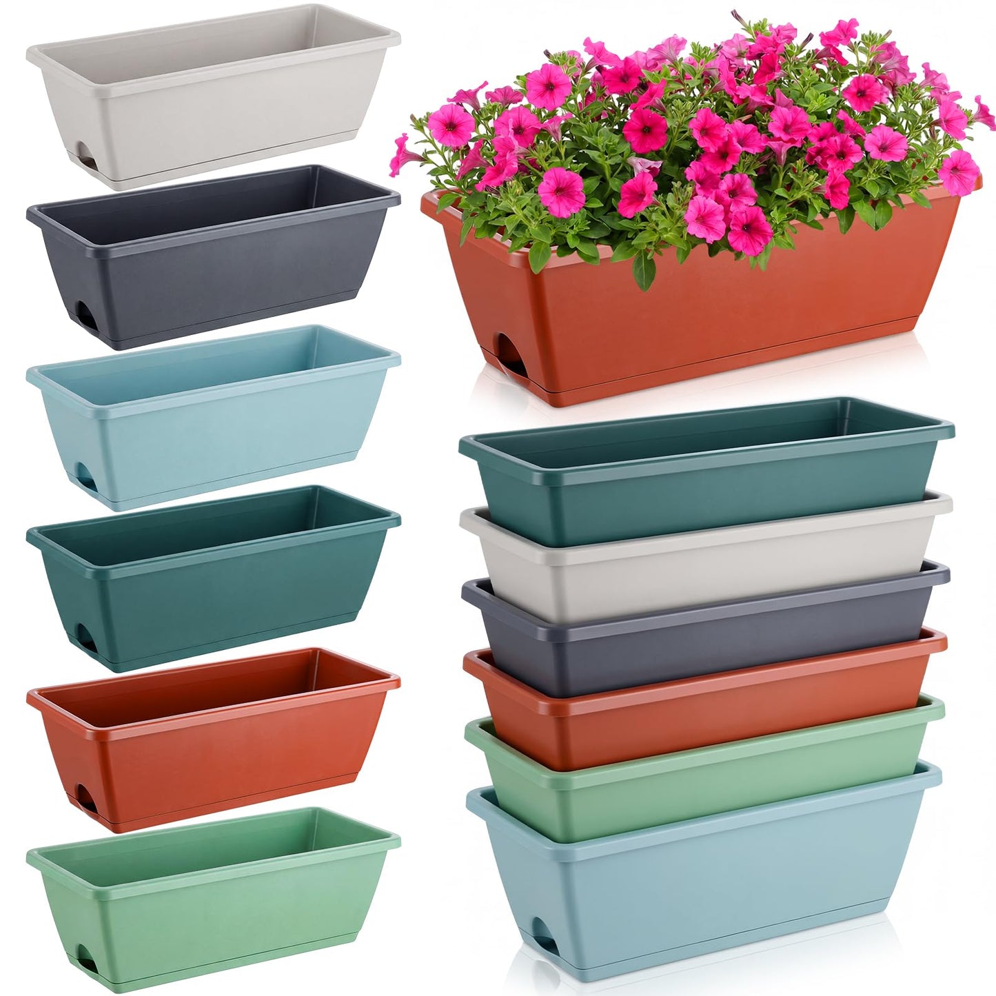 Purpeak 12 Pack Window Box Planter 17 Inches Rectangular Vegetable Flower Planters with Drainage Holes and Saucers Plastic Flower Pots Coloful Herb Planter for Indoor Outdoor Patio Garden Home Decor