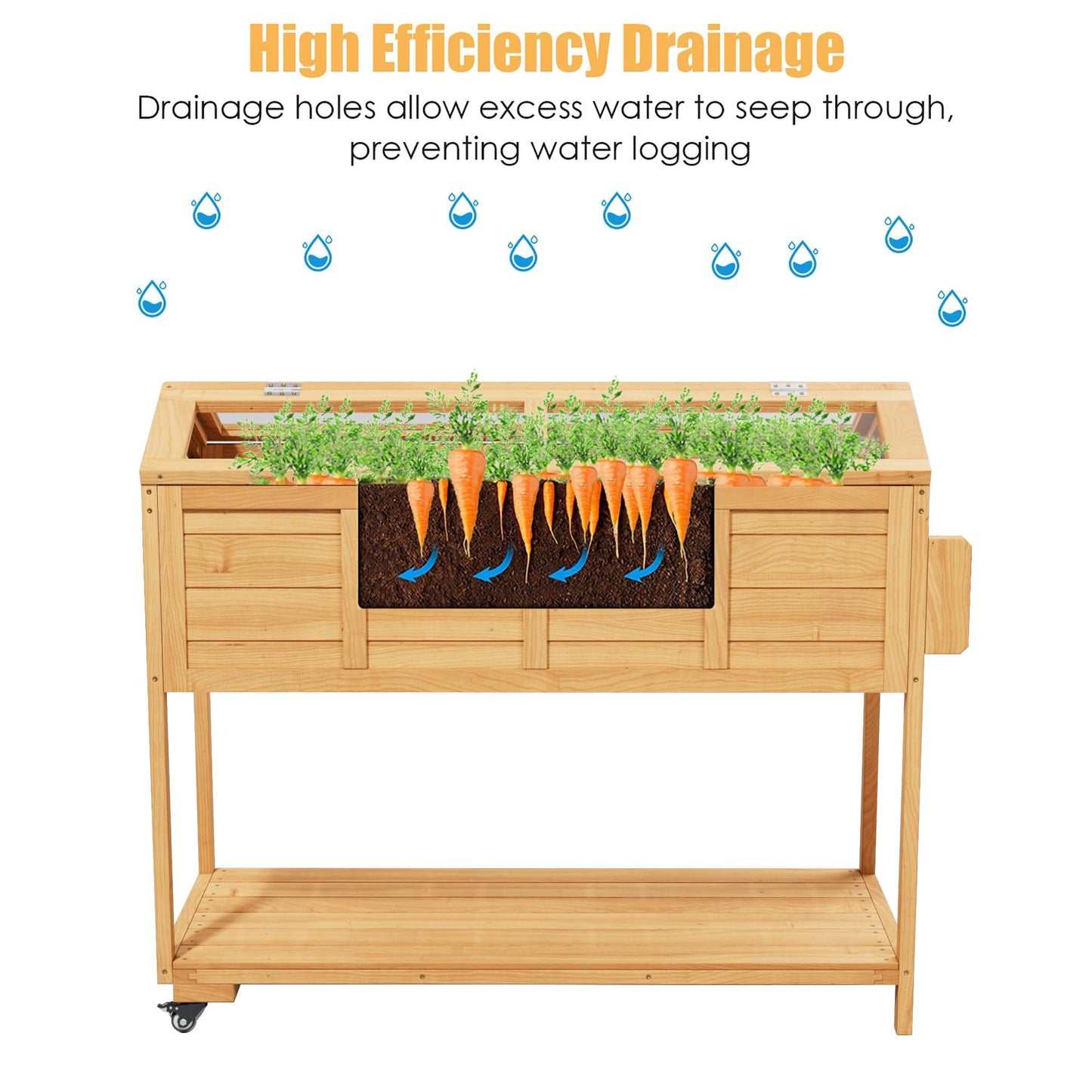 Raised Garden Beds on Wheels with Legs and Cover Elevated Garden Bed Herb Planter Box Cart Outdoor with Bed Liner,Storage Shelf,Seed Starter Tray for Backyard Patio Outside (Country Rustic)