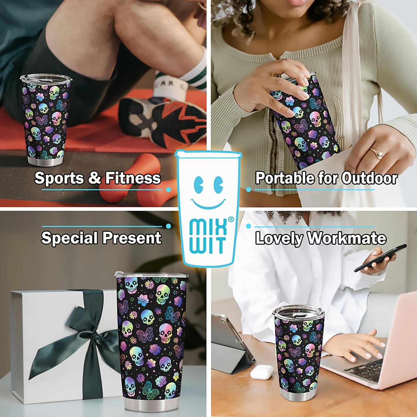 MIXWIT 20oz Rainbow Skull Stainless Steel Insulated Tumbler with Lid Colorful Floral & Butterflies Gothic Punk Style Coffee Travel Mug Cup Birthday Halloween Christmas Skull Gifts for Women