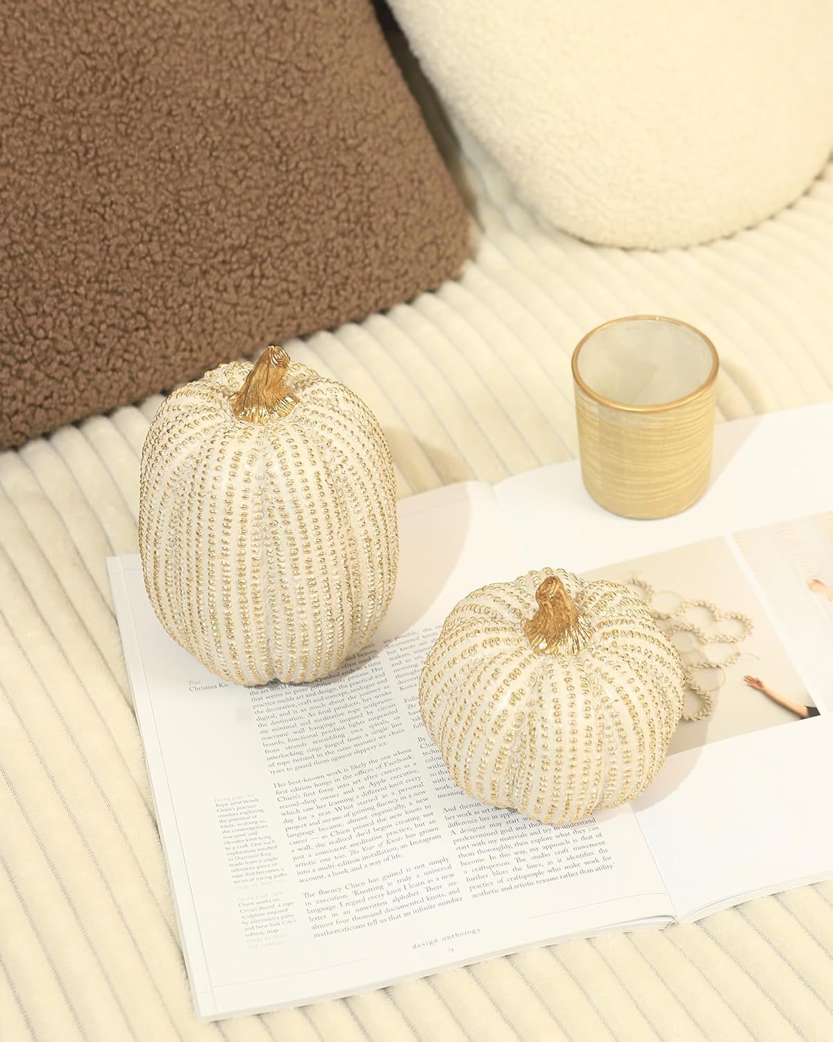 Fall Thanksgiving Pumpkin Decor Figurines, 2 PCS Fake Pumpkin Statues for Tabletop Decorating, White and Gold Resin Pumpkins for Autumn Harvest Luxury Fall Home Decor, Farmhouse, Gift Package