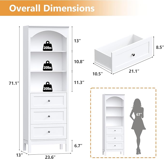 Bookshelf with Drawers, Floor Standing Display Storage Cabinet