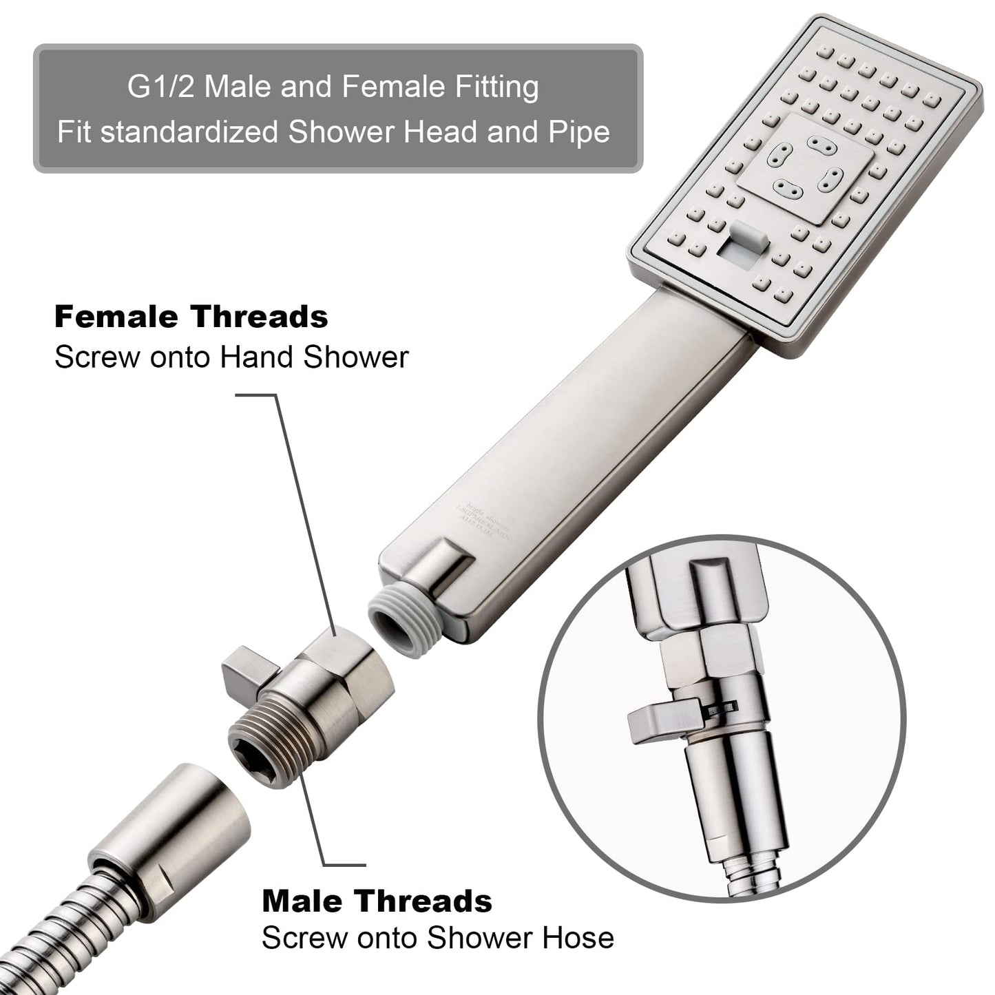 BRIGHT SHOWERS Water Flow Control Valve, Brass Shower Valve with Handle Lever, Flow Regulator Water-Saver Volume, Brushed Nickel
