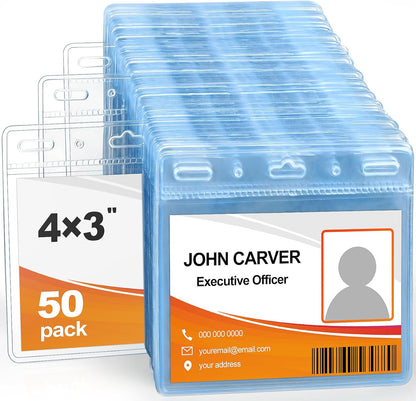 50 Pcs Card Protector ID Name Badge Holder 4 x 3 Inches Clear Plastic Horizontal No Zipper ID Card Holder