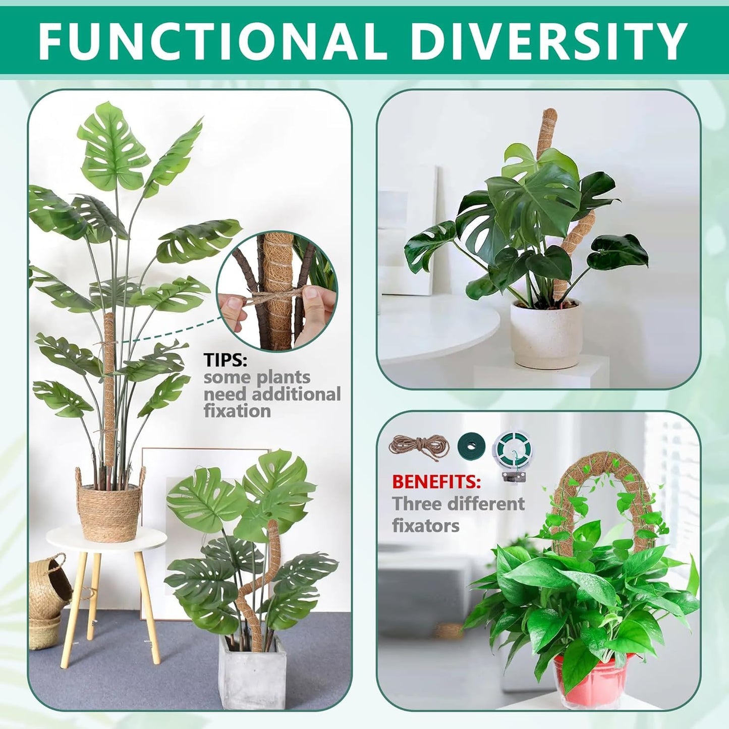 AlisisFores 4 Pcs Bendable Moss Pole for Monstera Plant Support，24 Inch Handmade Coir Pole Stick for Climbing Plants Indoor Plant Stakes for Potted Plants to Grow Upwards