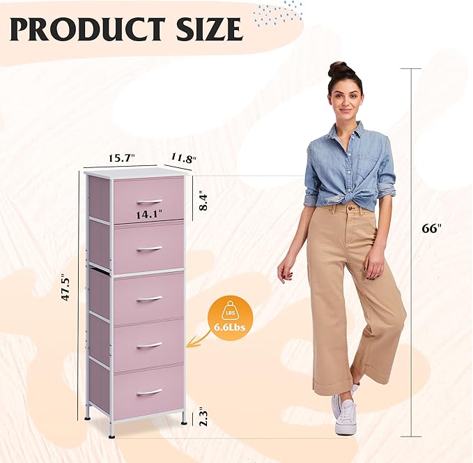 WLIVE Fabric Dresser for Bedroom, 5-Drawer Tall Dressers, Storage Organizer