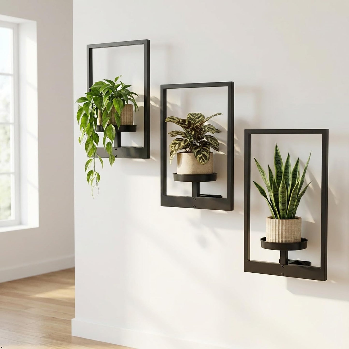 bbteroiu Picture Frame Wall Planters Set of 3, Modern Metal Hanging Shelves for Plants, Rustproof Wall Mount Flower Pot Holder for Indoor Outdoor, Decorative Plant Stand for Living Room Patio, Gold