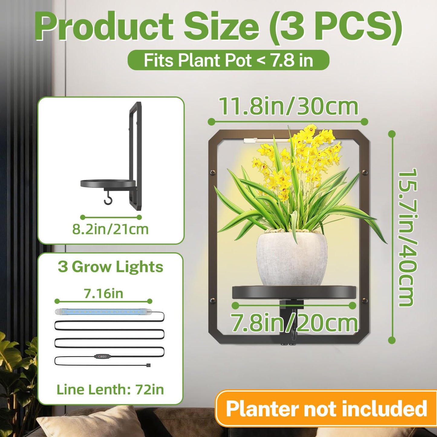 iDavosic.ly Wall Plant Picture Frame Holder Set of 3 with 3 Grow Light for Indoor, Metal Stand with Hanging Hooks, Space Saving Floating Flower Display Decor (Pots/Chains/Plants Not Included)