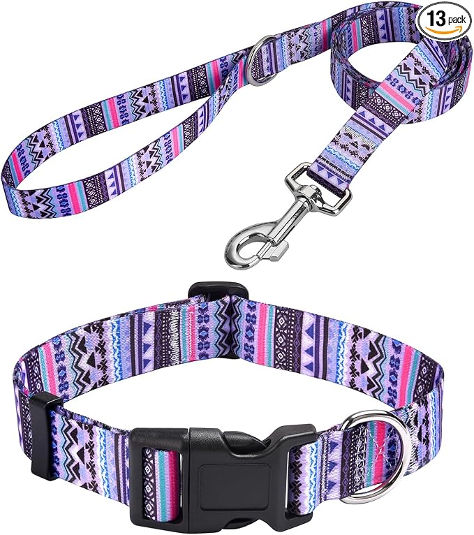 MarukoPet Dog Collar and Leash Set, Adjustable for Small Medium Large Dogs Puppy, Cute Design with Bohemia Floral Tribal Geometric Patterns Boys Girls Dog Collar(Purple Bohemia Set,S)