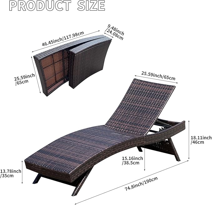 Folding Patio Chaise Lounge, Foldable Long Reclining Patio Seating Chairs