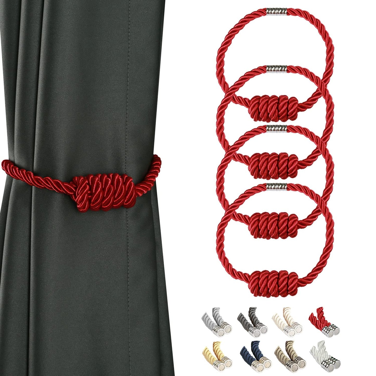 BEL AVENIR Magnetic Curtain Tiebacks, Decorative Drapery Holdbacks Modern Woven Tie-Backs with Exquisite Knot (Red, 4 Pack)