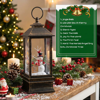 10" Christmas Snow Globe Lantern with Farm Snowman，Lighted Swirling Glittering Snow Globes with Music & Timer, Christmas Decorations for Home Tabletop Indoor