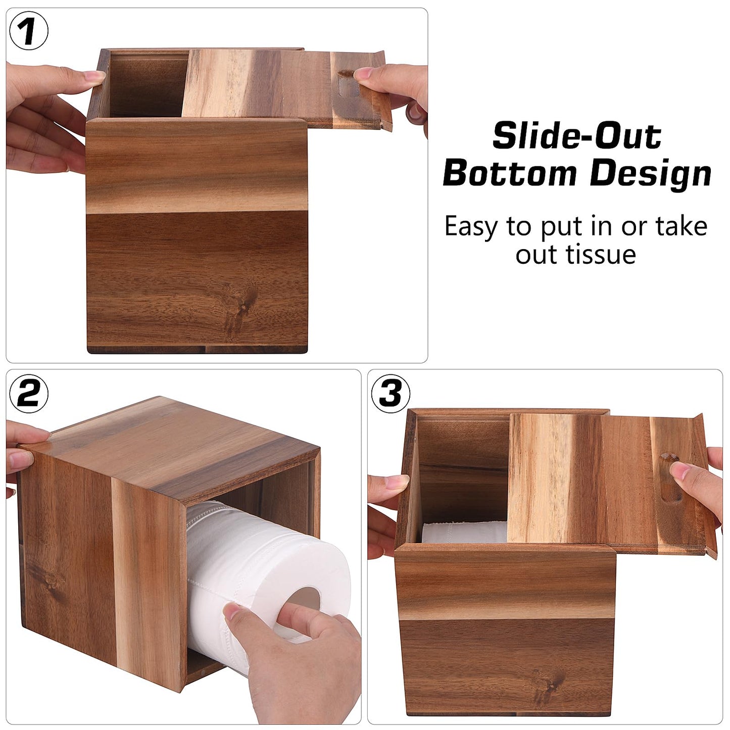KYDIFS Tissue Box Cover Square, Acacia Wood Tissue Box Holder with Slide-Out Bottom, Wooden Tissue Box Cover Cube for Bathroom, Bedroom, Dinner Table, Office,Kitchen