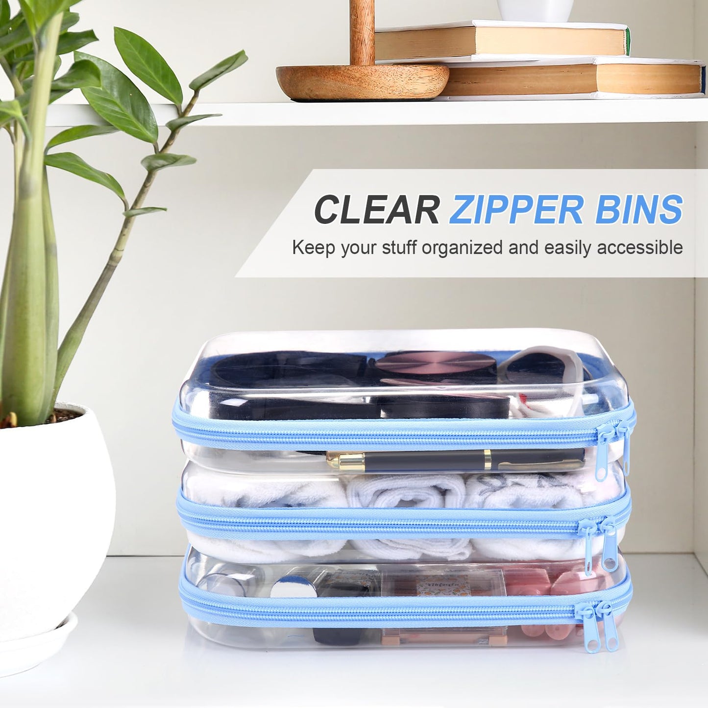 Hoolerry 3 Pcs Clear Hard Zipper Case Hard Plastic Zipper Pouch Makeup Bag Portable Travel Organizer for Cosmetics, Office Supplies, Documents & Toiletries(Blue,M)