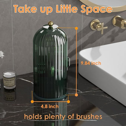 YOOLENS Makeup Brush Holder with Lid 360 Rotating Clear Dustproof Make Up Organizers for Vanity Bathroom Countertop, Green