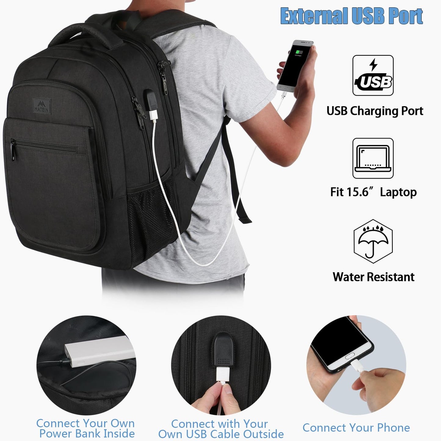 MATEIN College Large Travel Backpack, TSA Expandable Laptop Backpack with USB Charging Port, Anti Theft Computer Bag Fit 17.3 Inch Laptop Water Resistant College Computer Bag Gift for Men Women, Black