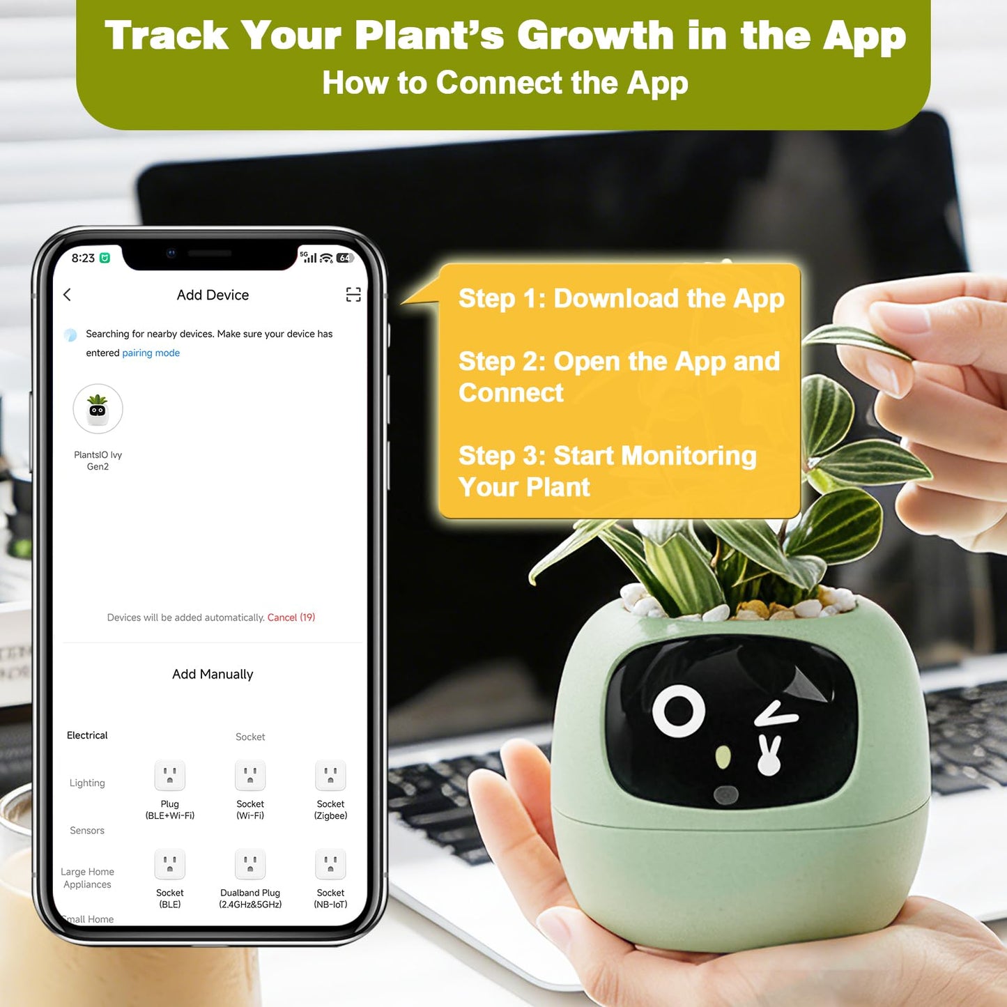 Smart Plant Pot with Visual Display – Soil Moisture, Water Level, Light & Battery Monitor, 80ml Self-Watering Reservoir, Supports 100+ Plants, Pomodoro Timer, Clock & Calendar-Green