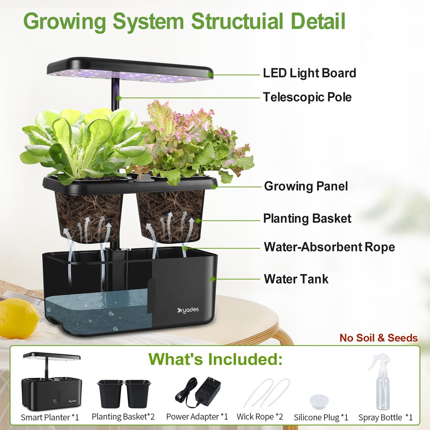 DRYADES Indoor Garden System 19 Watt LED Growing Light Upgrade 2 Self-Watering Soil-Cultivated Growing Pots Gardening Gifts for Mom Plant Pot for Vegetables Herbs Tomato(No Seeds&Soil)