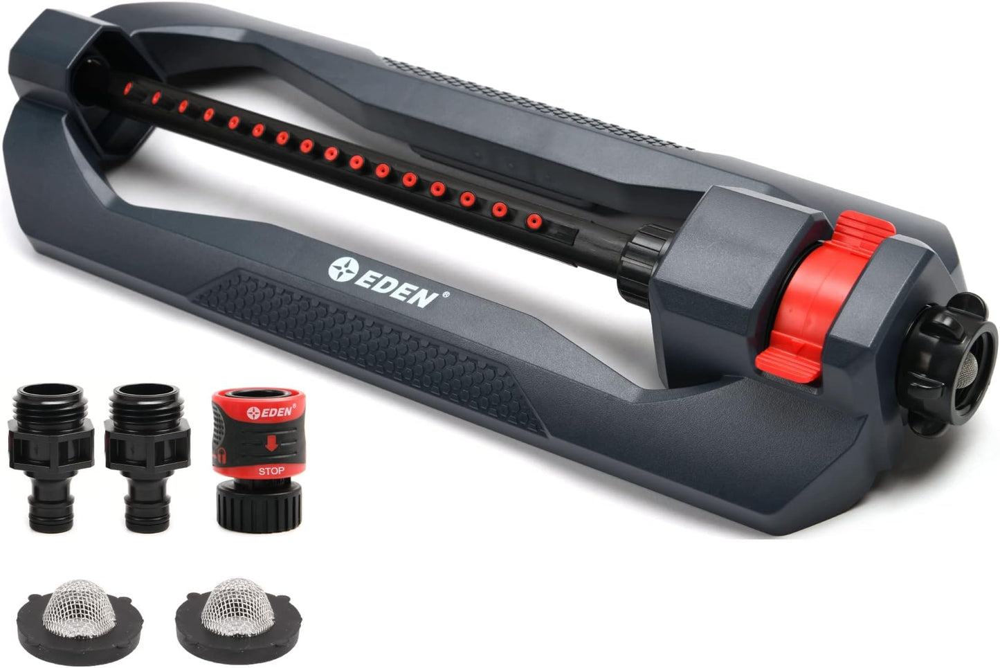 Eden 96213 Essential Turbo Oscillating Water Sprinkler,Covers Up to 3,600 sq. ft.,16 Nozzles,Weighted Base,Adjustable Range,Quick Connect Bundle,Dark Grey,Red,Silver,(Pack of 12)