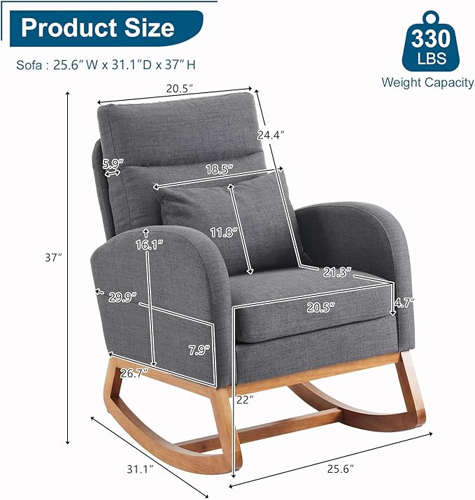 VINGLI Grey Linen Nursery Rocking Chair