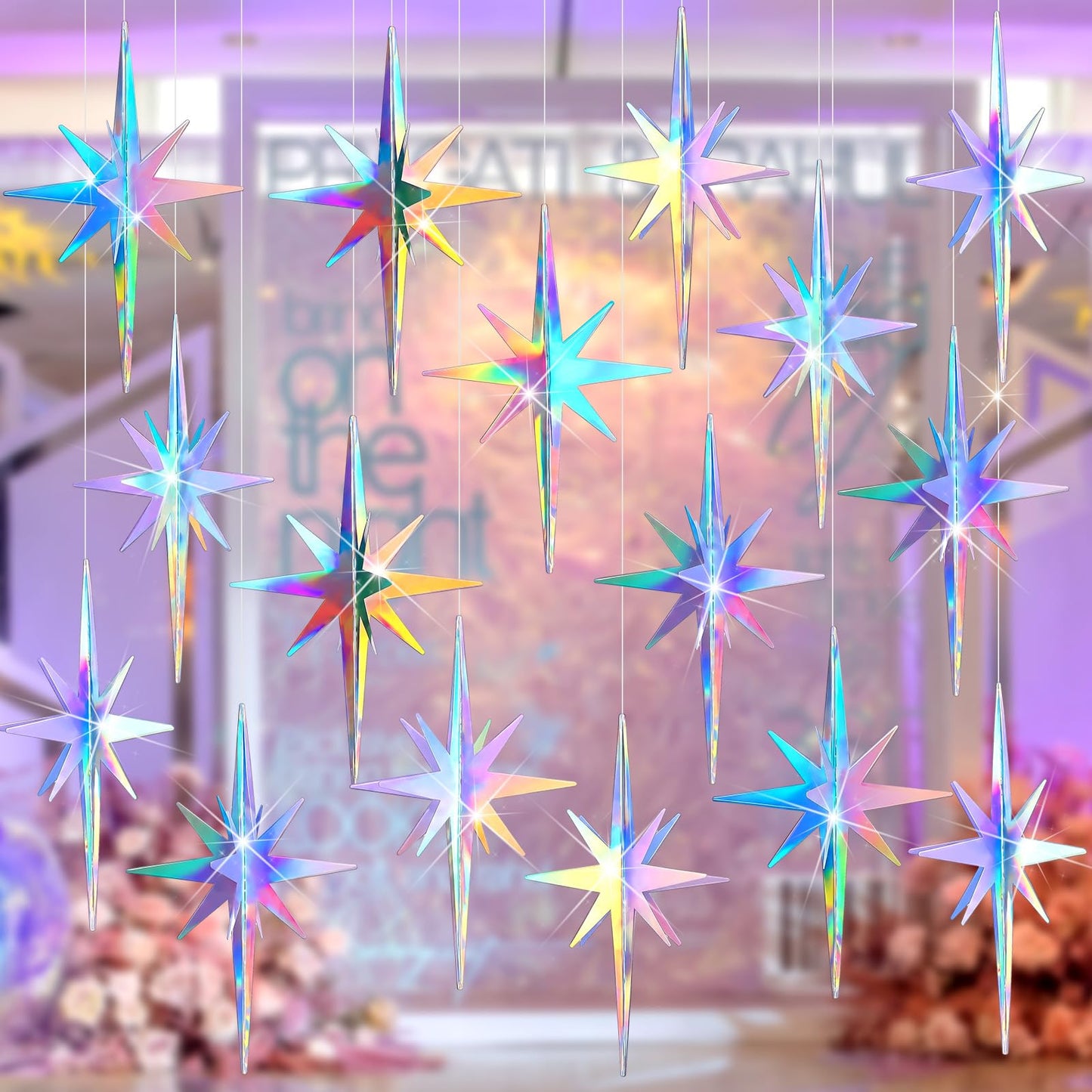 Novabright 16 Pcs Iridescent Hanging Star Party Decorations 3D Glittering Iridescent Explosion Star Ornaments 4.7" for Y2k Unicorn Disco Birthday Party Wall Ceiling Decor