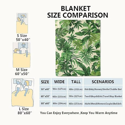 Tropical Green Leaves Blanket Lush Botanical Leaf Throw Blankets with Plant,Birthday Gifts for Girls Women & Nature Lovers,Lightweight Soft Fleece,for Sofa Couch Bed Room Decor 50x60in