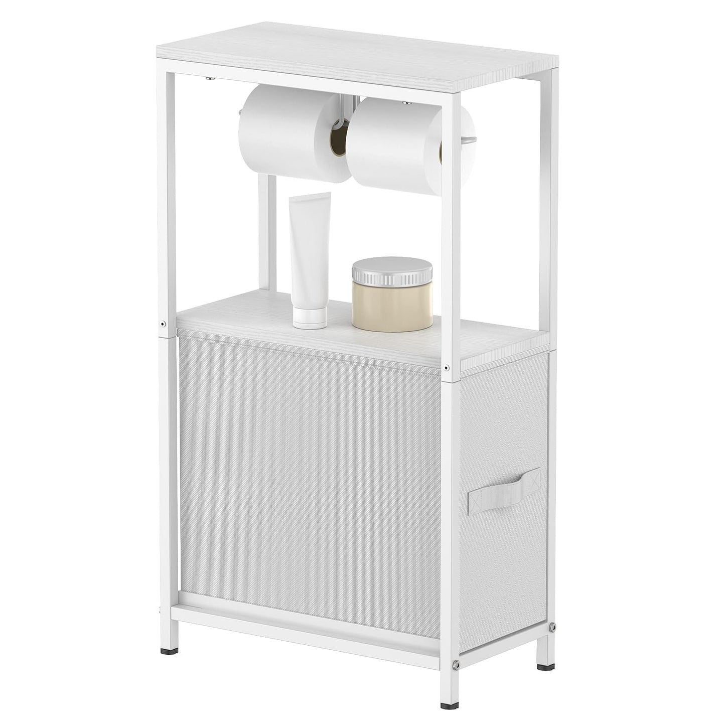 NOVIMANGO Slim Toilet Paper Storage Cabinet White, Toilet Paper Holder with Storage Bathroom Cabinet for Small Spaces Freestanding Tissue Stand with Drawer