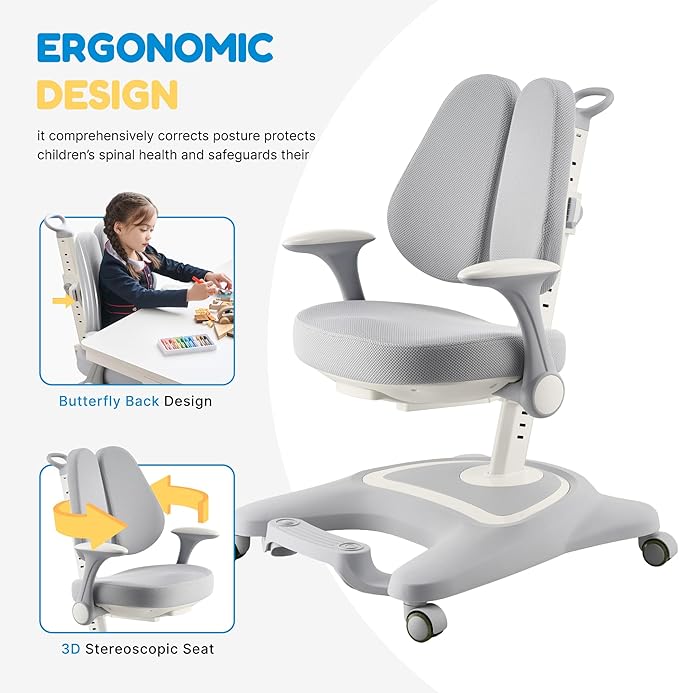 ERIYA Kids Desk Chair, Ergonomic Chair: Height-Adjustable, Double Back Support