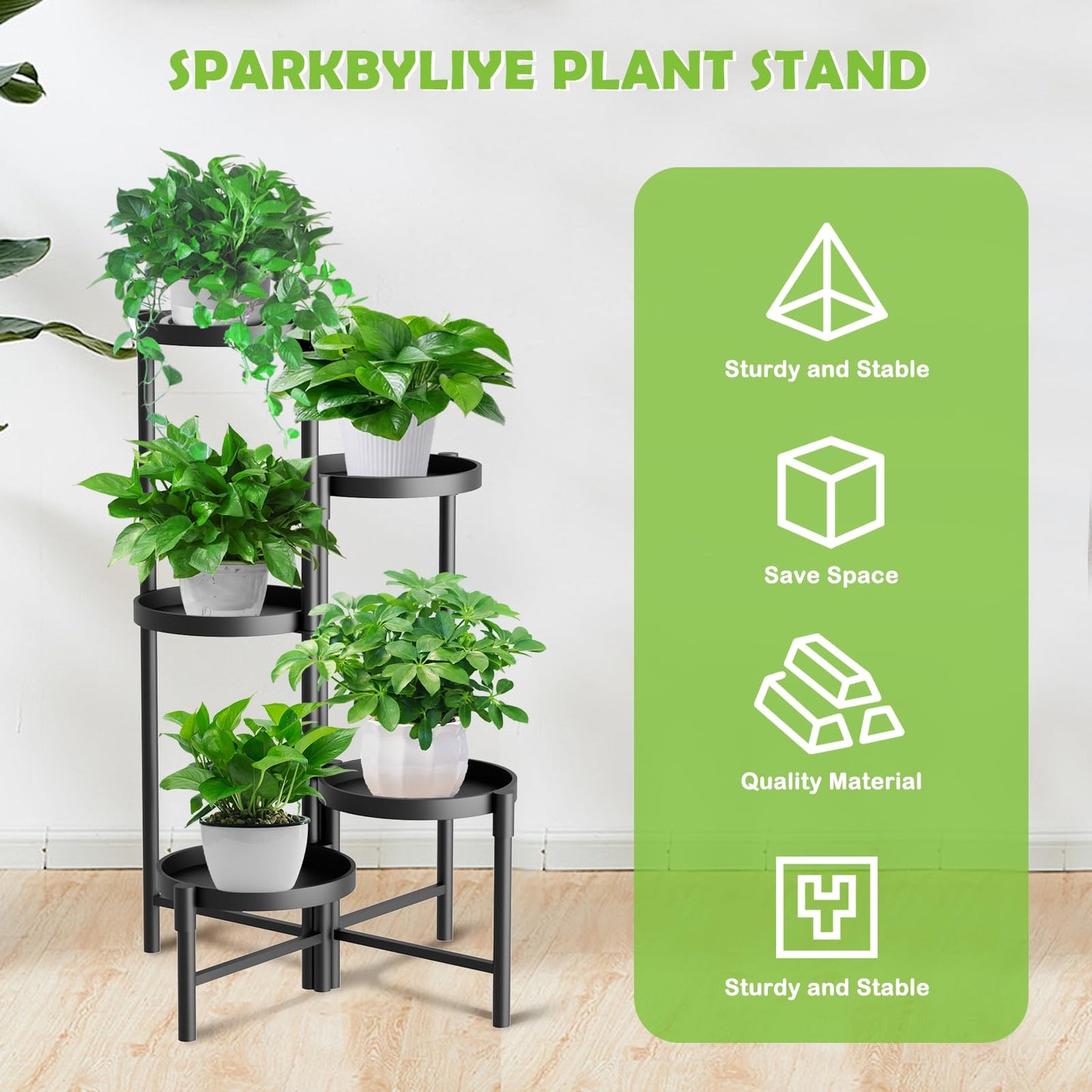 SparkByLiye 5 Tier Heavy Duty Metal Plant Stand for Indoor & Outdoor Use, Foldable Tall Corner Plant Shelf, Black Flower Pot Holder & Display Rack for Living Room, Balcony, Garden, & Patio