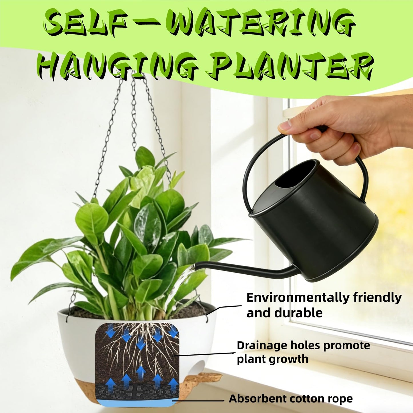 TESSTSY 3 Pack Hanging Planters for Indoor Outdoor Plants, 10 Inch Self Watering Hanging Pots for Plants, Plastic Hanging Flower Baskets for Plants Hanger with Drainage and Tray, Chain (White Brown)