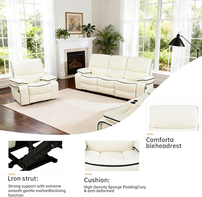 3-Piece Recliner Sofa Set, Adjustable Leather Recliner