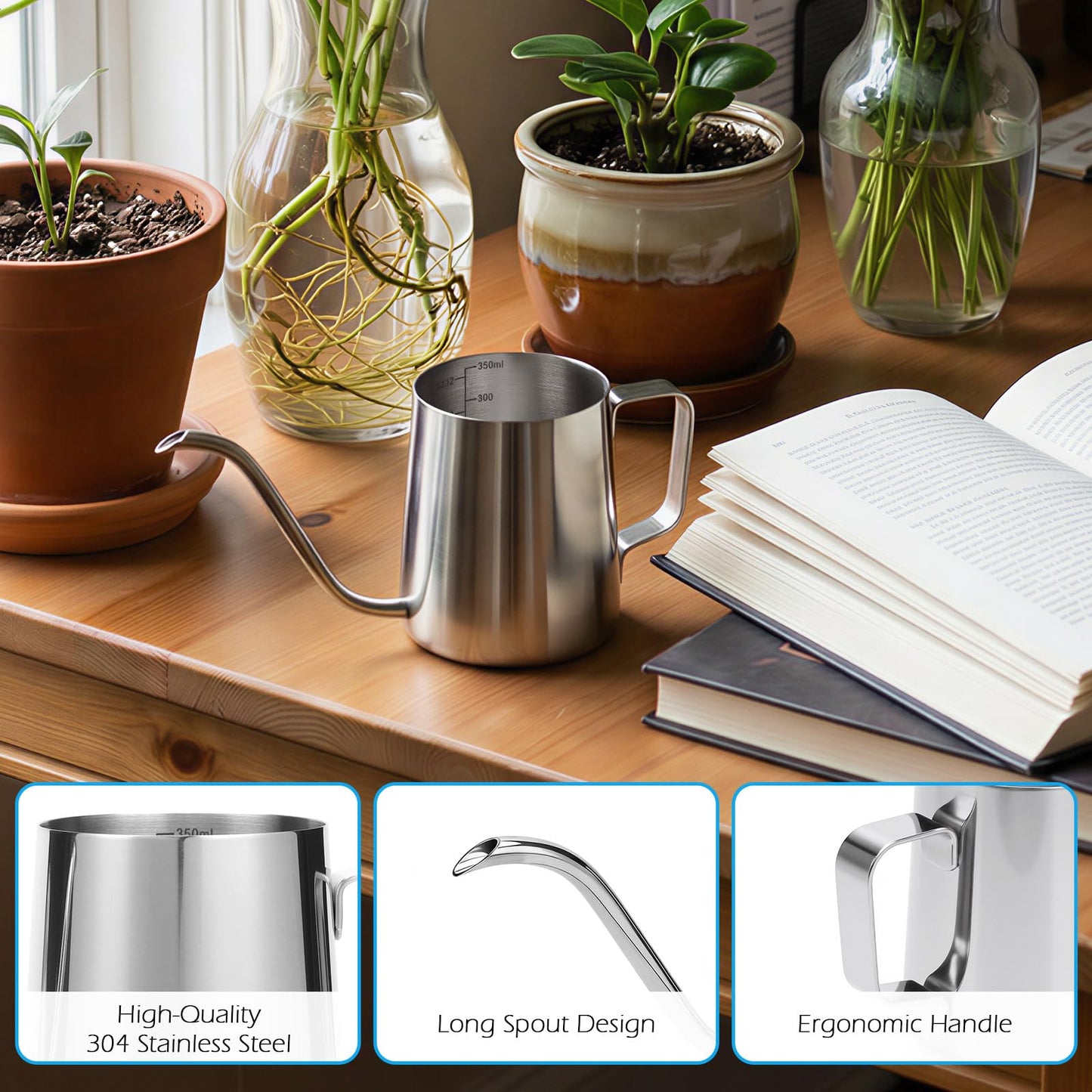 350ml Small Watering Can for Indoor Plants, 12oz Mini Plant Watering Pot with Long Spout and Handle, Silver Tiny Stainless Steel Watering-Can for Outdoor Indoor Plants Flower Garden