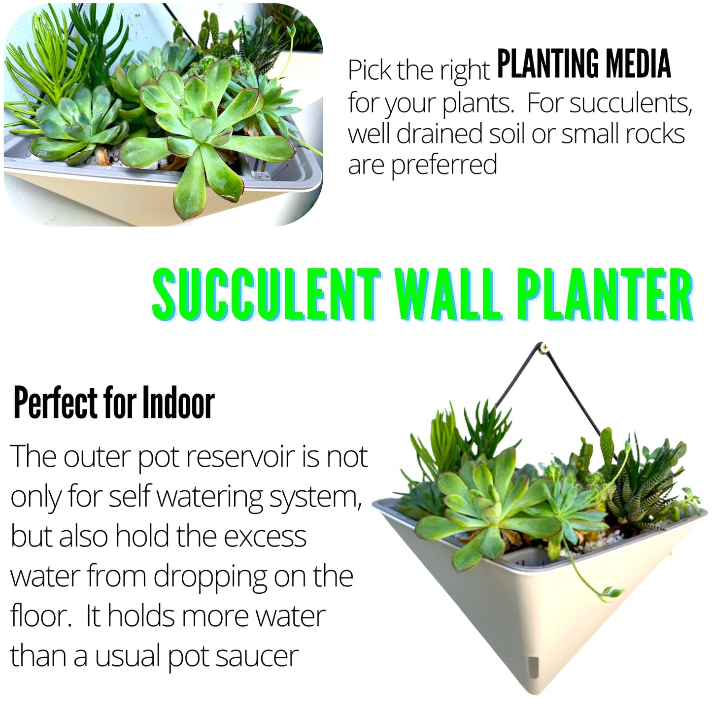 LaLaGreen Bundle- 2 Pack, 12 Inch White Geometric Self Watering Pot + 4 Pack, 20 Inch Rectangular Planter Box Hanging Stylish Modern Wall Mount Flower Succulent Vase Holder Balcony Porch Indoor Decor