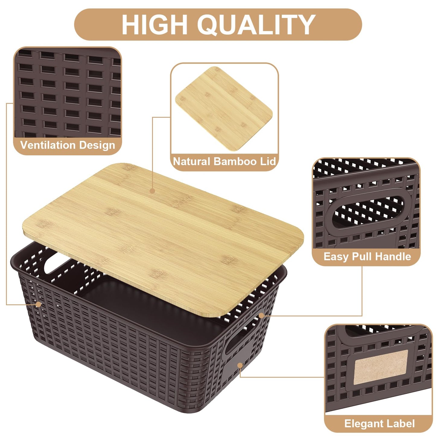 6Pcs Storage Bins with Lids, Stackable Plastic Storage Basket with Bamboo Lid, Pantry Organizer Box Small Containers for Organizing Shelves Drawer Desktop Closet Cabinet Office Classroom 10x7.1x4.1in