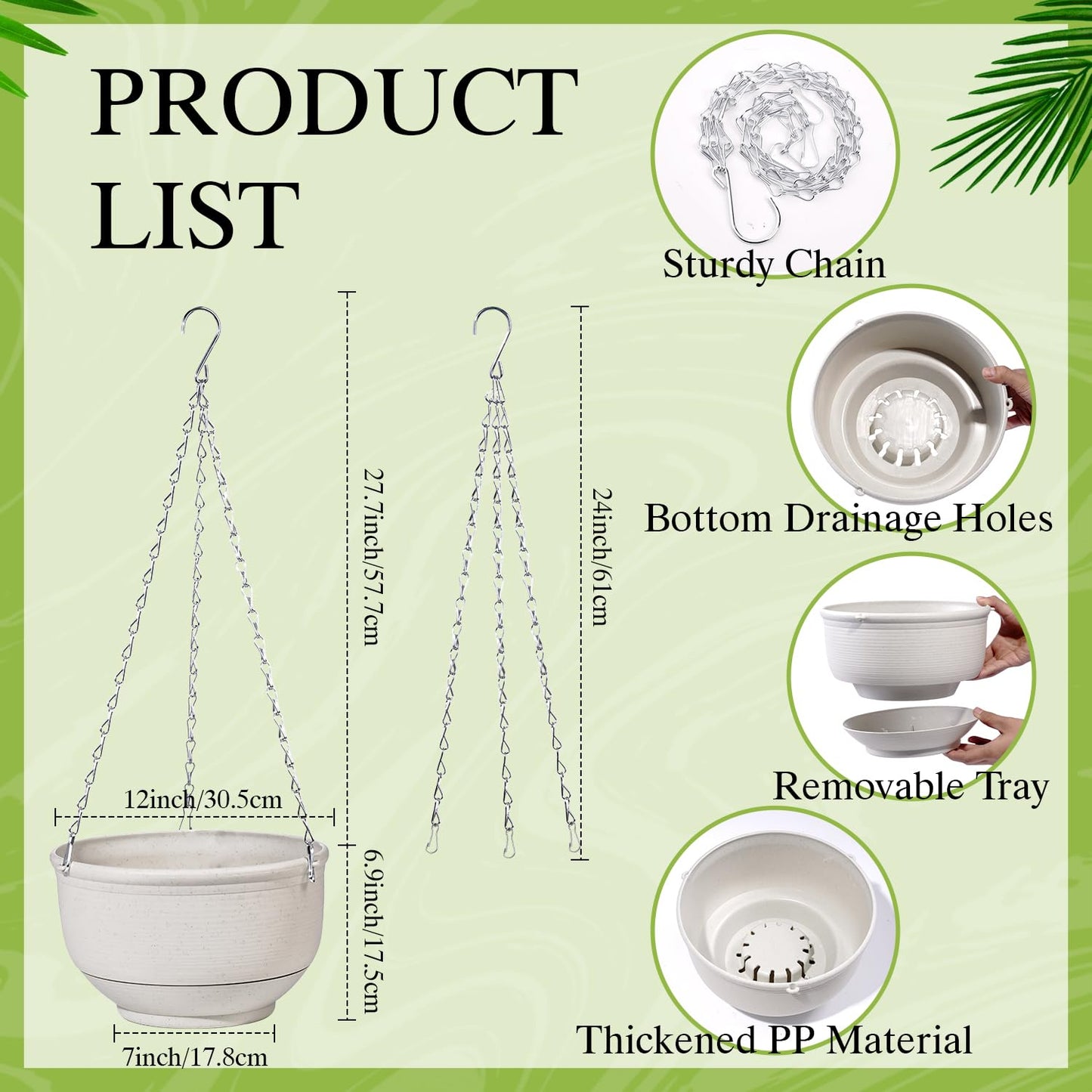 VIDELLY 9 Inch Hanging Planter 2-Pack, Beige Hanging Flower Pots with Chains – Indoor Outdoor Hanging Baskets with Drainage Holes for Balcony, Patio, Garden & Small Space Decor