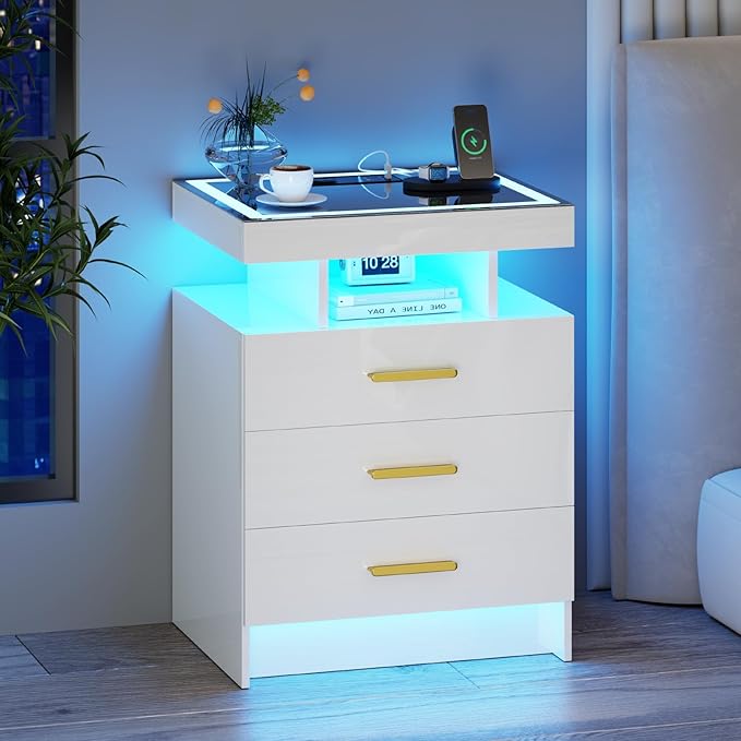 White Night Stand Set 2 with Wireless Charging Station, Smart Bedside Table