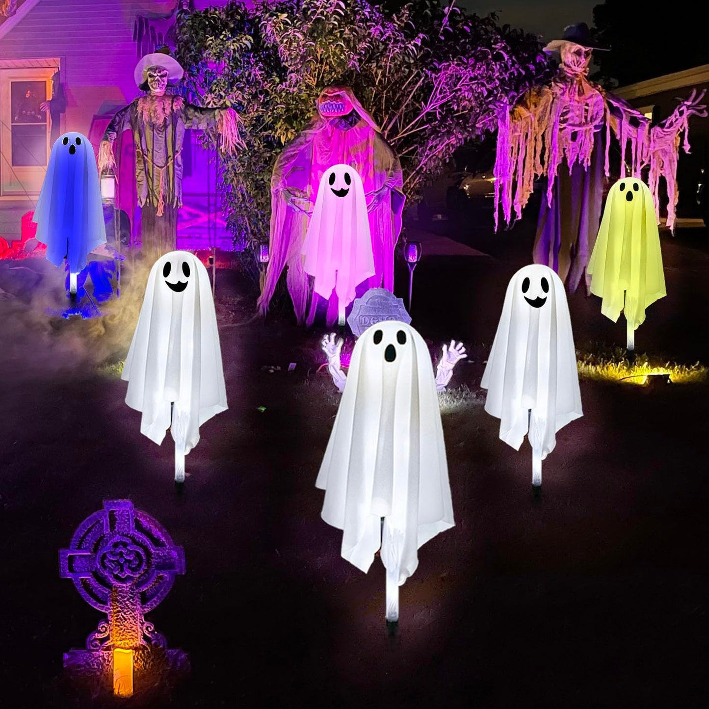 GMAULEE Halloween Ghost Pathway Lights with Stakes, 6PCS Solar Light Ghost Decorations, Waterproof Outdoor Lights for Yard, Lawn, Driveway, Halloween Decor (White)