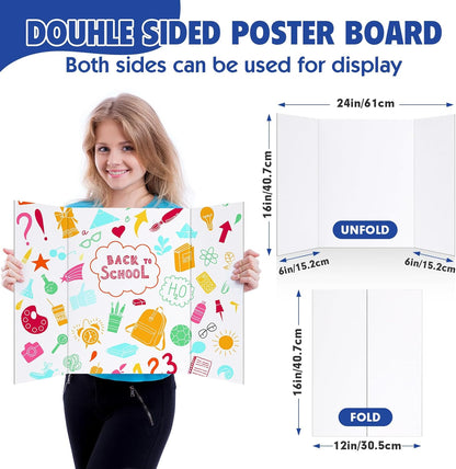Trifold Poster Board,4 Pack 24" x 16" White Corrugated Poster Boards,Display Board,Perfect for School Projects, Science Fairs, Event Displays, and Business Presentations