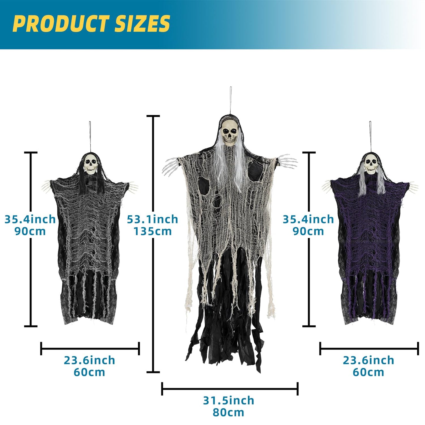 QPMR Halloween Decorations Outdoor/Indoor,Set of 3 Scary Hanging Ghosts,Halloween Grim Reaper Skeleton, Scary Party Decorations,Haunted House Decor for Yard/Lawn/Garden.