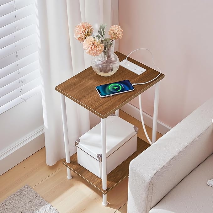 HOOBRO Side Table with Charging Station, Nightstand with 2-Layer Storage Shelves