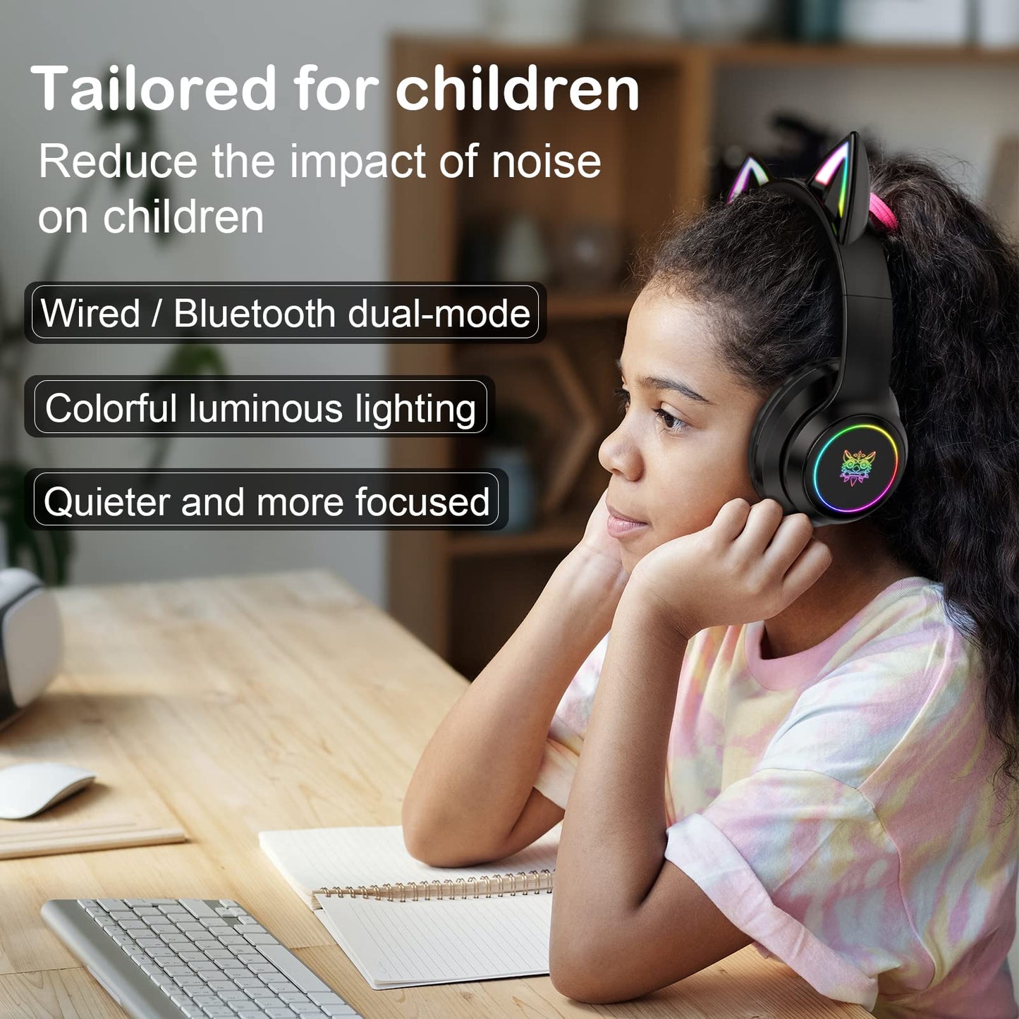 Bluetooth Cat Ear Headphones for Kids & Adults, Wireless & Wired Mode Foldable Headset with Mic - Clear Sound Quality - RGB LED Light, for Girls School Gaming, for Phone/Laptop/PC/Tablet, Black
