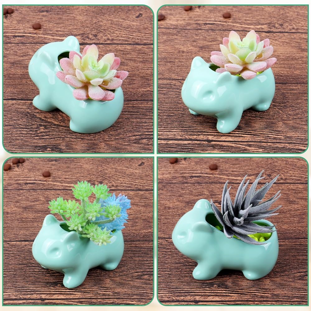 Pinsjar Cartoon Ceramic Flowerpot Glazed Pottery Succulent Pot Cute Planter Ceramic Art Vase Animal Shaped Green with Hole