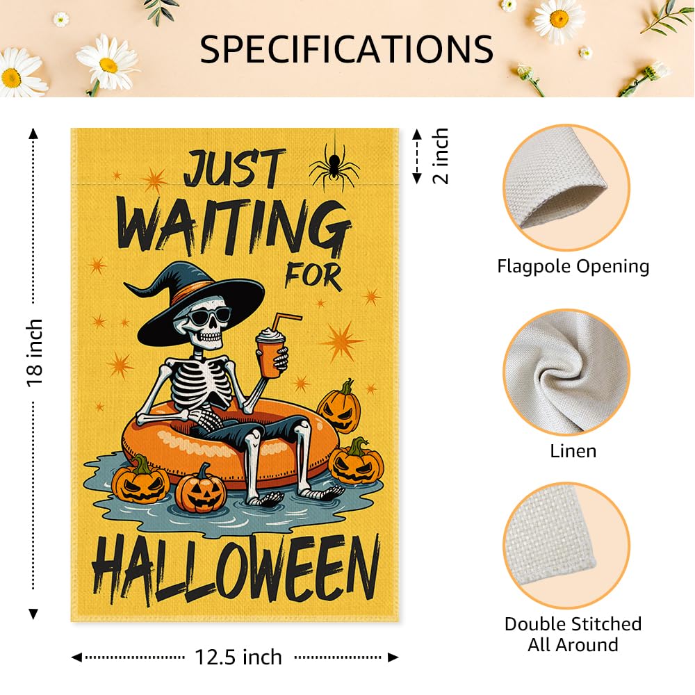 SRWNFOS Just Waiting For Halloween Welcome Garden Flag, 12x18 Inch Double Sided Yard Holiday Party Farmhouse Porch Lawn Outside Decor, Funny Halloween Pumpkin Garden Flag, Gifts for Friend Family