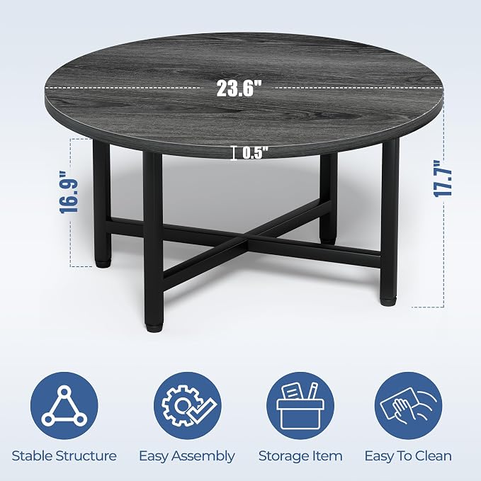 Coffee Table, 23.6" Small Coffee Tables, Gray Round Coffee Tables for Living Room, Floor Table for Sitting on The Floor, Center Coffee Table with Metal Frame for Office Apartment Home