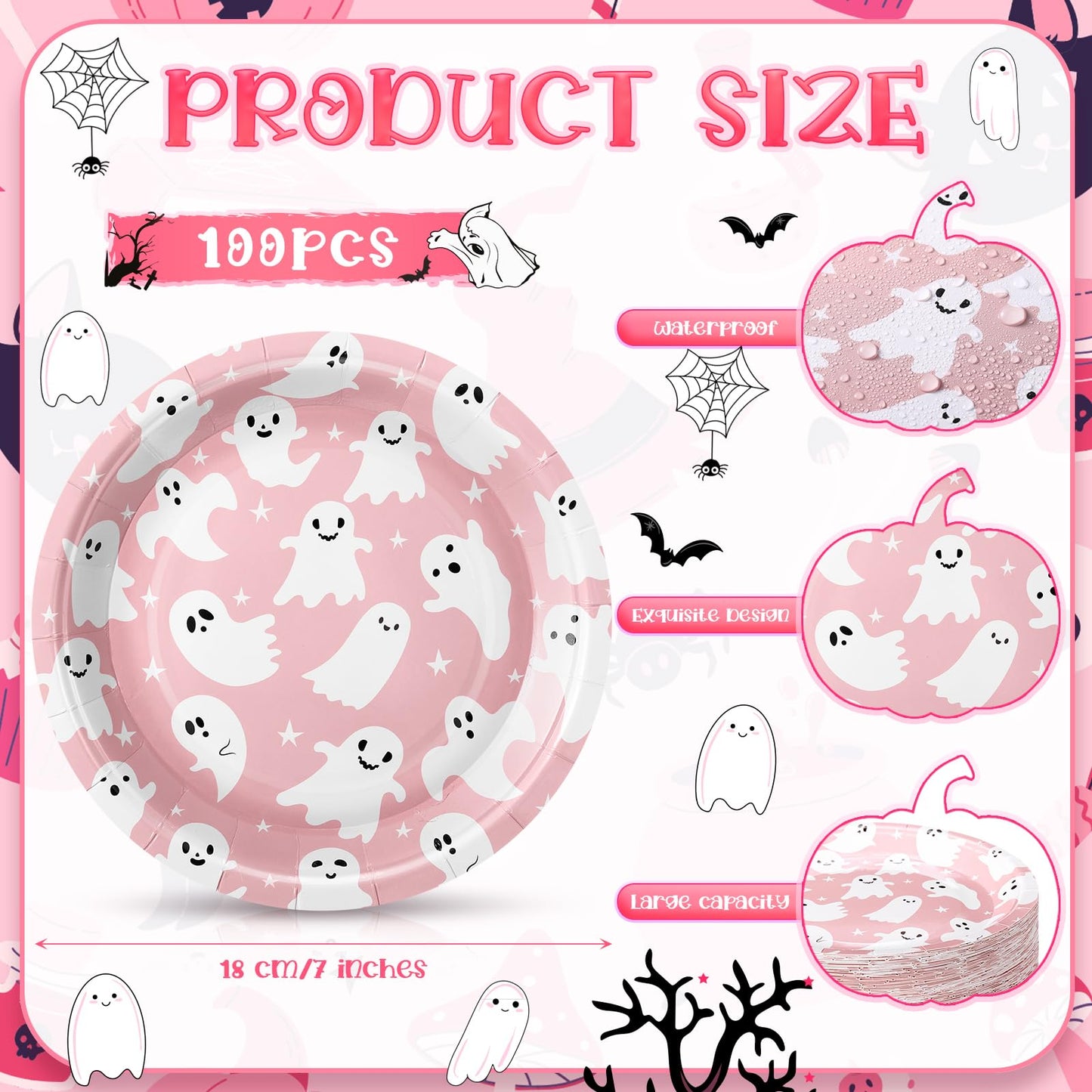 FillTouch 100 Pcs Pink Halloween Ghost Paper Plates 7 Inch Disposable Cake Dessert Dinner Plates for Mexican Independence Day Fiesta Halloween Day of The Dead Party Decorations Supplies(Pink)