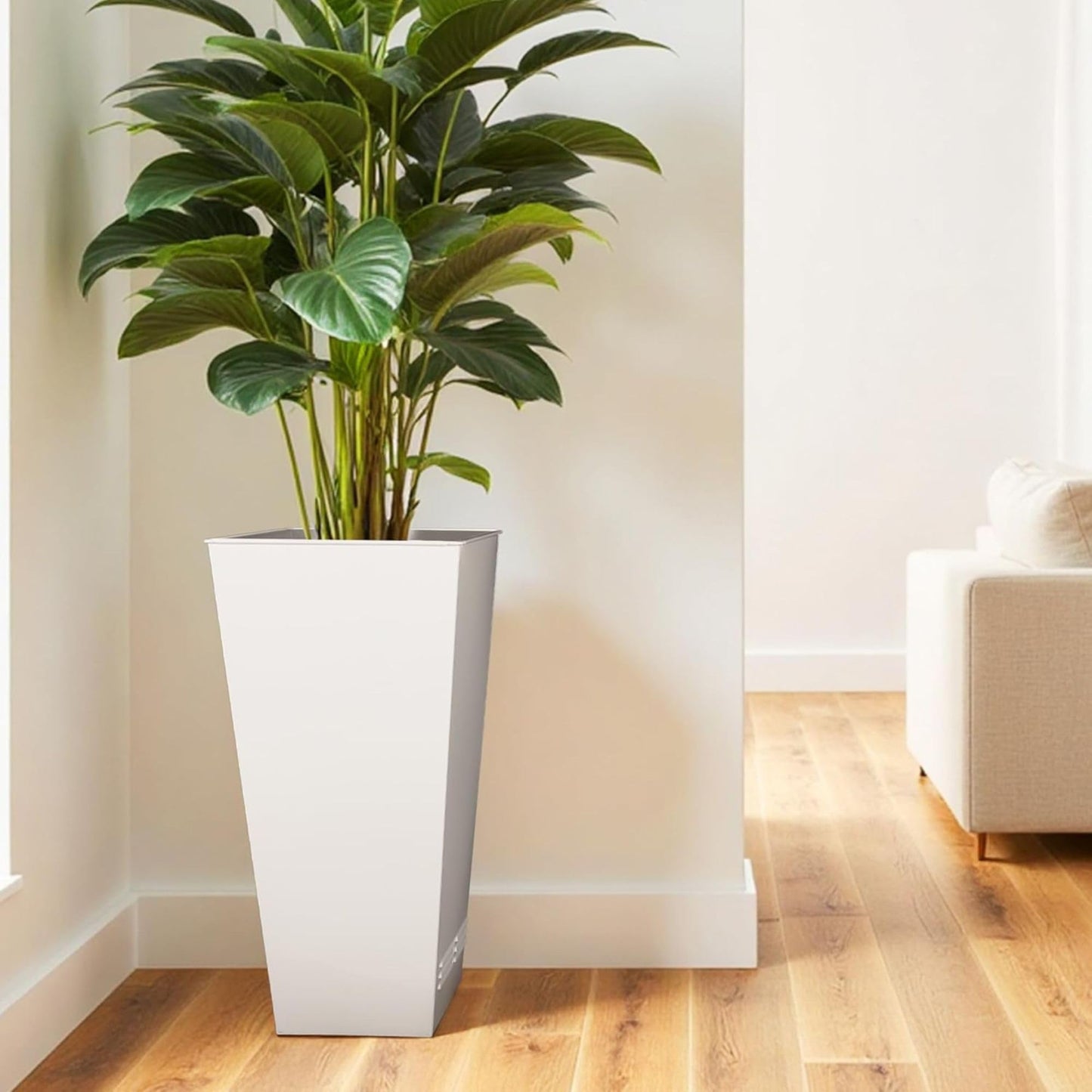 Worth 2 Pack 28" Tall Large Metal Planter, Tapered Steel Flower Pots with Insert Plate with Drain Holes & Air Vents for Indoor or Outdoor Use, White