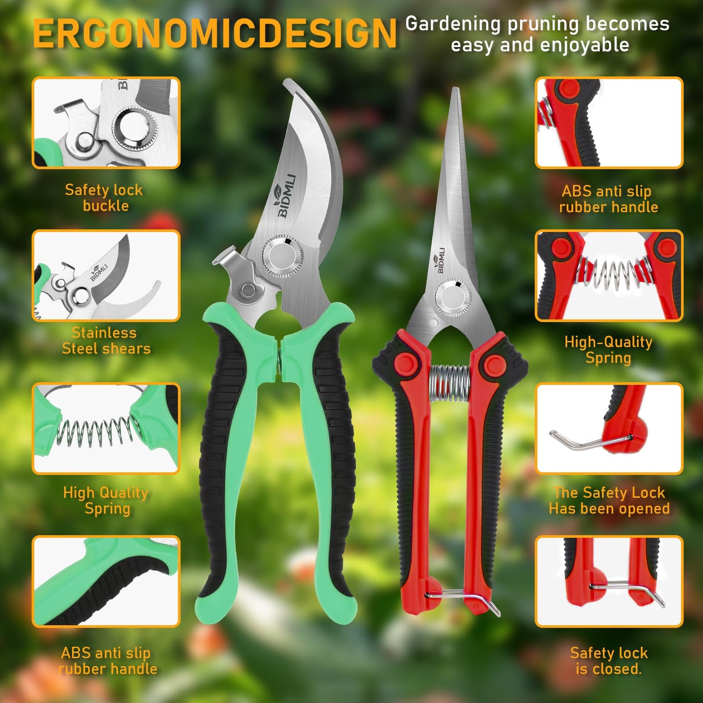 4-Pack Multifunctional Garden Scissors Set-BIDMLI Stainless Steel Pruning &Floral Shears with One-Piece Handle Blades for Tree Pruning, Flower Trimming, and Fruit Picking Tasks at Home&Garden Tool.