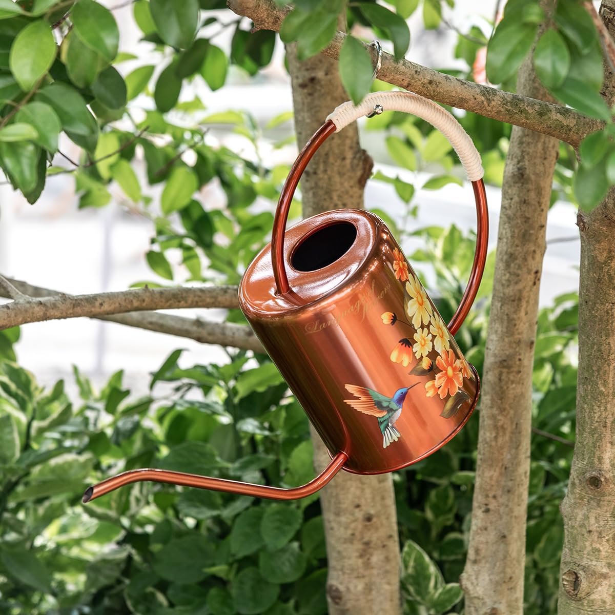 1/2 Gallon 68oz Long Spout Stainless Steel Flower for Indoor Plant Watering or Outdoor Gardening with 2 Removable Spray Spout for Flowers Plant Hummingbird Pattern Watering Can, Bronze