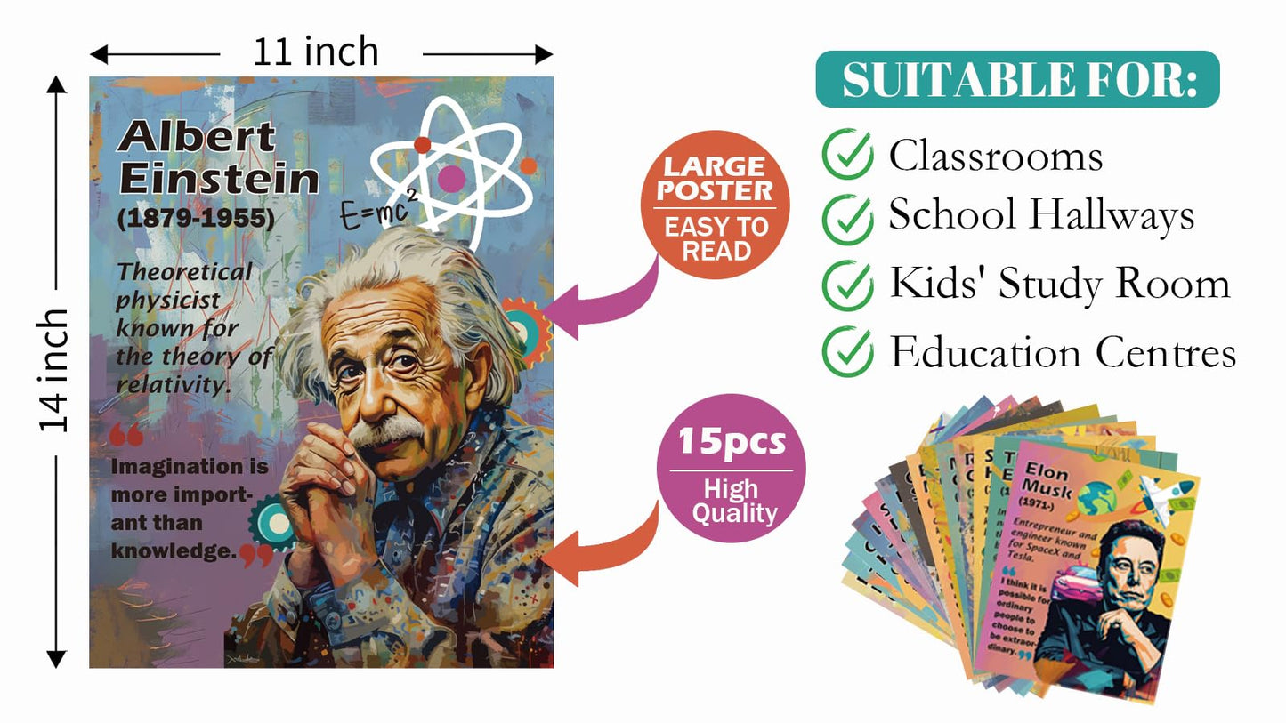 Magictodoor Science Classroom Decor Set: 15 Vibrant 11x14 Posters Featuring Notable Scientists for Middle School, Bulletin Boards, and Engaging Science Classrooms