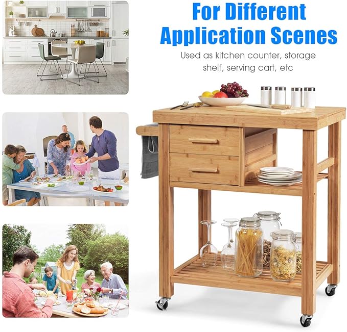 Giantex Kitchen Island, Bamboo Island Cart, Kitchen Trolley Cart on Wheels