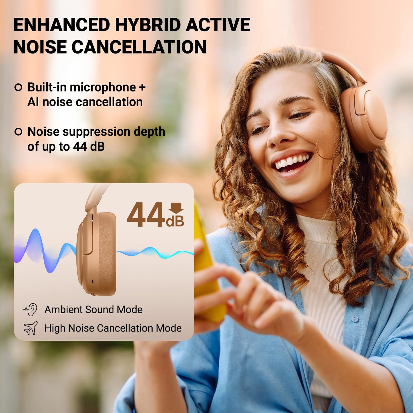 Edifier V80 Hybrid Active Noise Cancelling Headphones, True Wireless Over Ear Bluetooth Headset with 45H Playtime Hi-Res Audio Fast Charging Multipoint Connection for Travel Home Office (Brown)